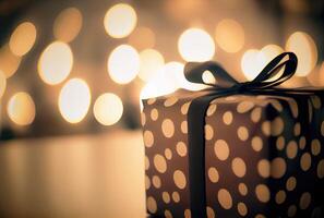 Celebrate gift box on the table with defocused bokeh light background. New year event and Christmas celebration concept. photo