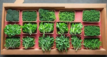 various microgreens in bowls. ai generation photo