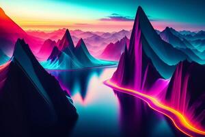 Electric Dreamscape Neon Mountains. photo