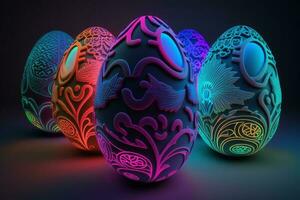 Easter rainbow neon eggs with beautiful shapes. ai generation photo