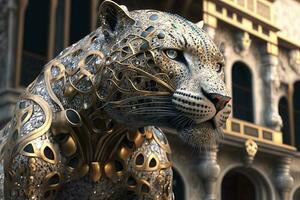 A beautiful leopard covered in gold and precious stones stands in front of a building. ai generation photo