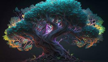 Luminous neon bonsai with a unique shape that goes beyond the monitor. ai generation photo