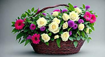 beautiful basket with flowers. ai generation photo