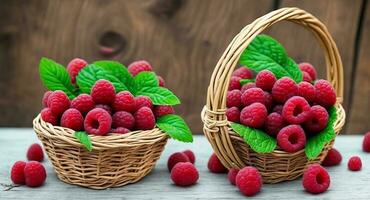 Raspberry in a beautiful basket. ai generation photo