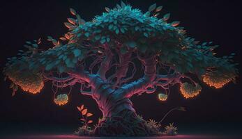 soothing Bonsai tree with neon branches and bark in a unique shape that extends beyond the monitor. ai generation photo