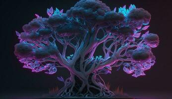 un extraordinariamente hermosa bonsai con neón iluminación de ramas y un maletero con un único místico forma ese va más allá el monitor. ai Generacion foto