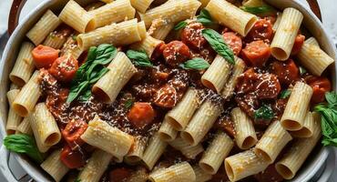Rigatoni in a beautiful basket. ai generation photo