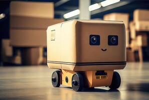 Robot AGV transporting cardboard box in warehouse background. Technology innovation and delivery concept. photo