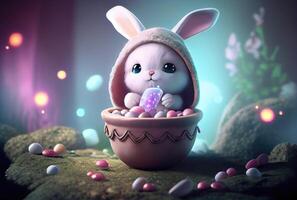 Cute rabbit bunny in the container. Magical fantasy concept. photo