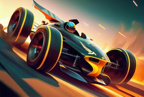 Grand prix racing car in the fast track background. Hobbies leisure and Sport tournament concept. photo