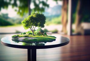 Empty table with blurry green natural park garden or backyard background. Nature and outdoor concept. photo