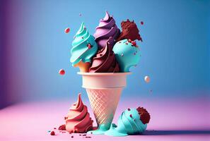 Melting ice cream cone with sweet toppings on minimal studio background. Summer food and fun concept. Digital art illustration theme. photo