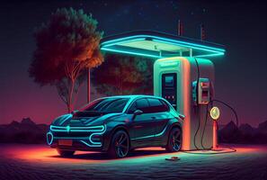 EV car with Electric charging station charger and blue glowing light stripe. Technology and transportation concept. photo