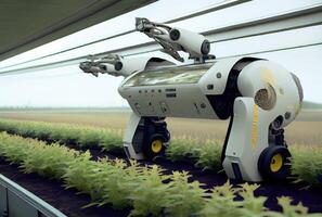 Robot farming harvesting agricultural products in greenhouse. Innovative futuristics technology and 5G smart farming concept. photo