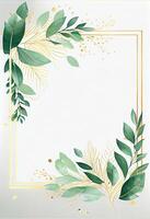 Green leaves with golden frame template and copy space for greeting wedding card and advertising concept art. photo