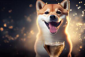 contento shiba inu perro con tostado vino vaso en fiesta y dorado bokeh ligero antecedentes. animal y mascota concepto. digital Arte ilustración. generativo ai foto