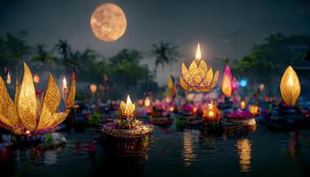 Loy Krathong festival with colorful candles light and full moon in Thailand background. Floating ritual banana leaves vessel or lamp and lotus flower into the water traditional. Generative AI photo