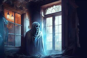 Spooky fabric ghost in the abandoned haunted house background. Halloween and horror concept. photo