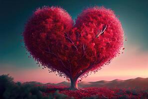 rojo corazón forma árbol paisaje con cielo antecedentes. san valentin día y romance concepto. digital Arte ilustración. generativo ai foto