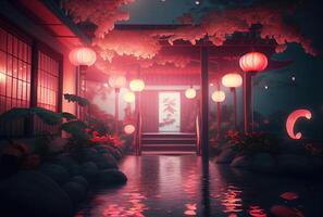 In side of Chinese palace interior corridor decorating with Paper Chinese lanterns background. Interior and architecture concept. photo