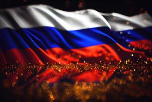 Russia flag with colorful shiny bokeh light background. Nation flag in the dark with illumination light. National day concept. photo