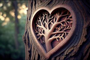 corazón forma tallado en el árbol antecedentes. belleza en naturaleza y hecho a mano concepto. digital Arte ilustración. generativo ai foto