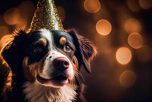 Closeup of portrait happy Bernese Mountain dog wearing party hat for celebration with bokeh background. Animal and pet concept. photo