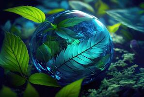 Beautiful Blue globe on the ground with decorating in summer season background. Beauty in nature and World Earth Day concept. photo