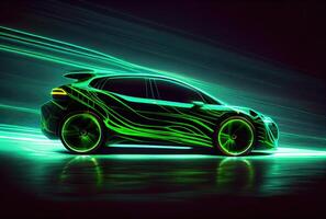 Modern car with green light trail as speed and energy power on black dark background. Transportation and innovation concept. photo