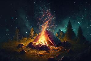 Campfire in the dark forest. Camping and Leisure hobbies activities concept. photo