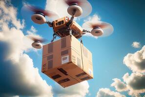 Cute future delivery drone with parcel box flying over the high sky background. Innovative technology and transportation concept. Digital art illustration. photo