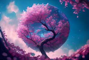 Pink Cherry Blossom tree on the earth with blue sky background. photo