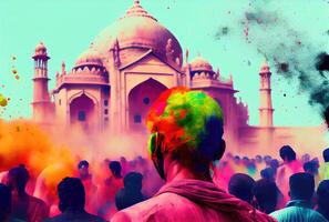 Holi festival the festival of colors with crowd people and colorful powder in the Indian town. photo