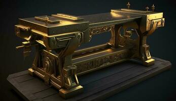 a workbench made of gold for carpentry and metalwork for the master on a wooden footboard with many elements and small details in its appearance. ai generation photo