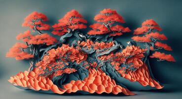 Paper collage of red bonsai trees. AI generation. photo