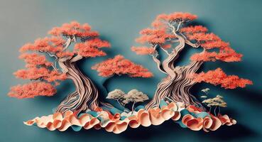 Paper collage with bonsai trees. AI generation. photo
