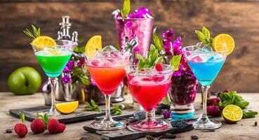 different types of cocktails with beautiful decoration. AI generation. photo