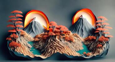 Paper collage sunset on the background of mountains and rivers in Asian style. AI generation. photo