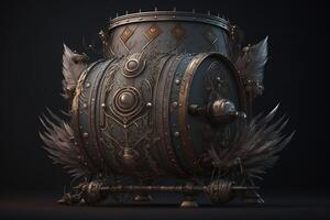 Rare Viking drums are painted dark with bronze inserts and various small details and ornaments. ai generation photo