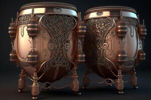 The timpani drums with beautiful fine details are carved from precious metal and beautifully frescoed against a dark background. ai generation photo