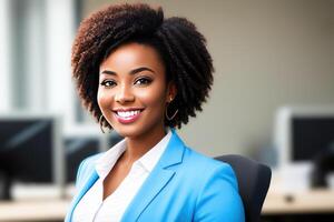 Young smiling businesswoman, standing in blur background of office. photo