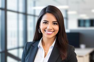 joven sonriente mujer de negocios, en pie en difuminar antecedentes de oficina. generativo ai foto