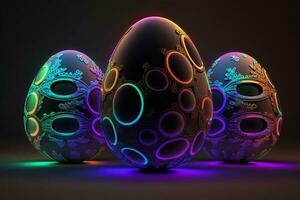Neon Easter rainbow eggs with beautiful patterns and bright shadow. ai generation photo
