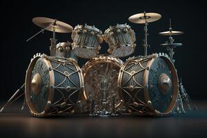 A black drum kit in gold rims with a lot of small details in the cyberpunk style is depicted on a dark background. ai generation photo