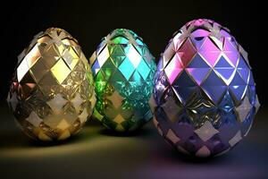 Easter gem eggs in gold, silver and green. ai generation photo