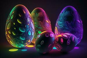 Easter bright neon eggs with unusual shapes and patterns. ai generation photo