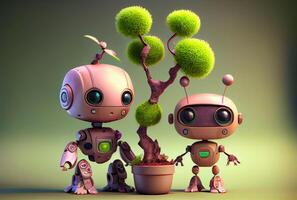 Eco friendly robot family on the ground. Technology and Environment conservation concept. photo