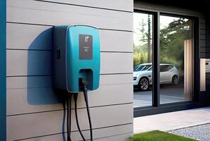 EV car with Electric charging station charger on build in wall at house. Technology and transportation concept. photo