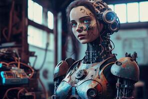 A humanoid robot with rusty sits contemplating in old abandoned factory. Technology and Artificial intelligence concept. photo