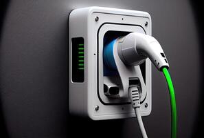 EV car plug charger on building wall at house. Technology and transportation concept. photo